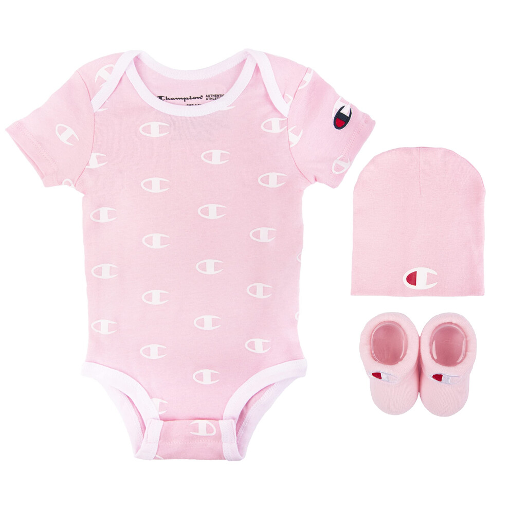 Champion Unisex Baby 3-PC Box Set Includes an Infant Body Suit  a Bib Or Hat & Pair of Booties in Colors and Size 0-6M  All Over C-Pink 682  0-6