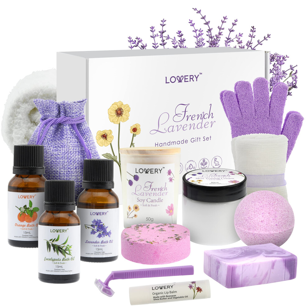 Luxury Bath Gift Set  18pc French Lavender Relaxation Spa Gift Basket for Women & Men  Handmade Gift Box  Body Oils  Organic Lip Balm  Scented Candle