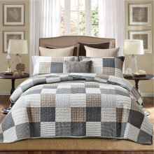 PANGUSHAN 100% Cotton Quilt Set Queen Size Patchwork Plaid Bedding Set Bedspreads Farmhouse Lightweight Comforter Grey/Gray/Black/Tan/White/Cream Reve