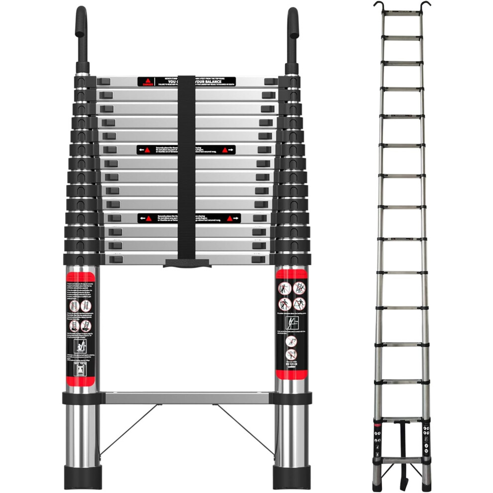 Telescoping Ladder 4.4M Stainless Steel Heavy Duty Portable with Hooks 14.5FT Multi Purpose Collapsible Attic Loft Telescopic Ladder Adjustable Height