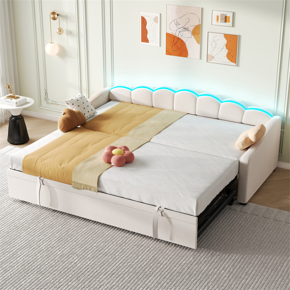 Abrihome Upholstered Bed 90X190cm, Petal Shape Single Bed With Trundle, Beige Cream