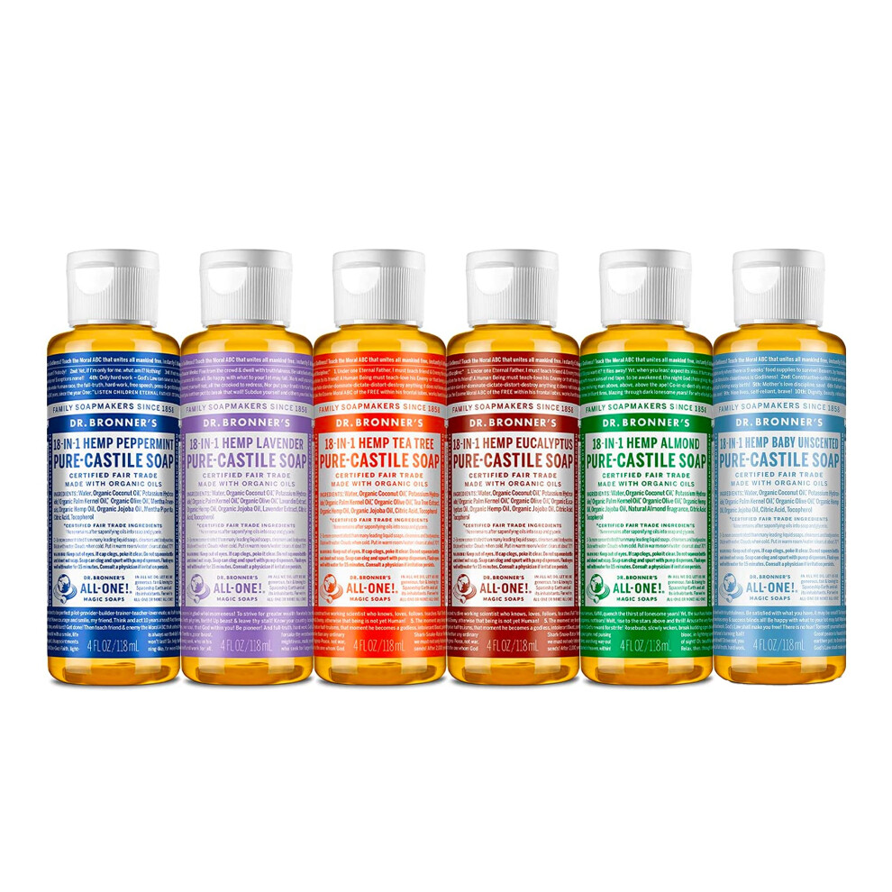 Dr. Bronner's - Pure-Castile Liquid Soap (4 oz Variety Pack) Peppermint  Lavender  Tea Tree  Eucalyptus  Almond  & Baby Unscented - 18-in-1 Uses