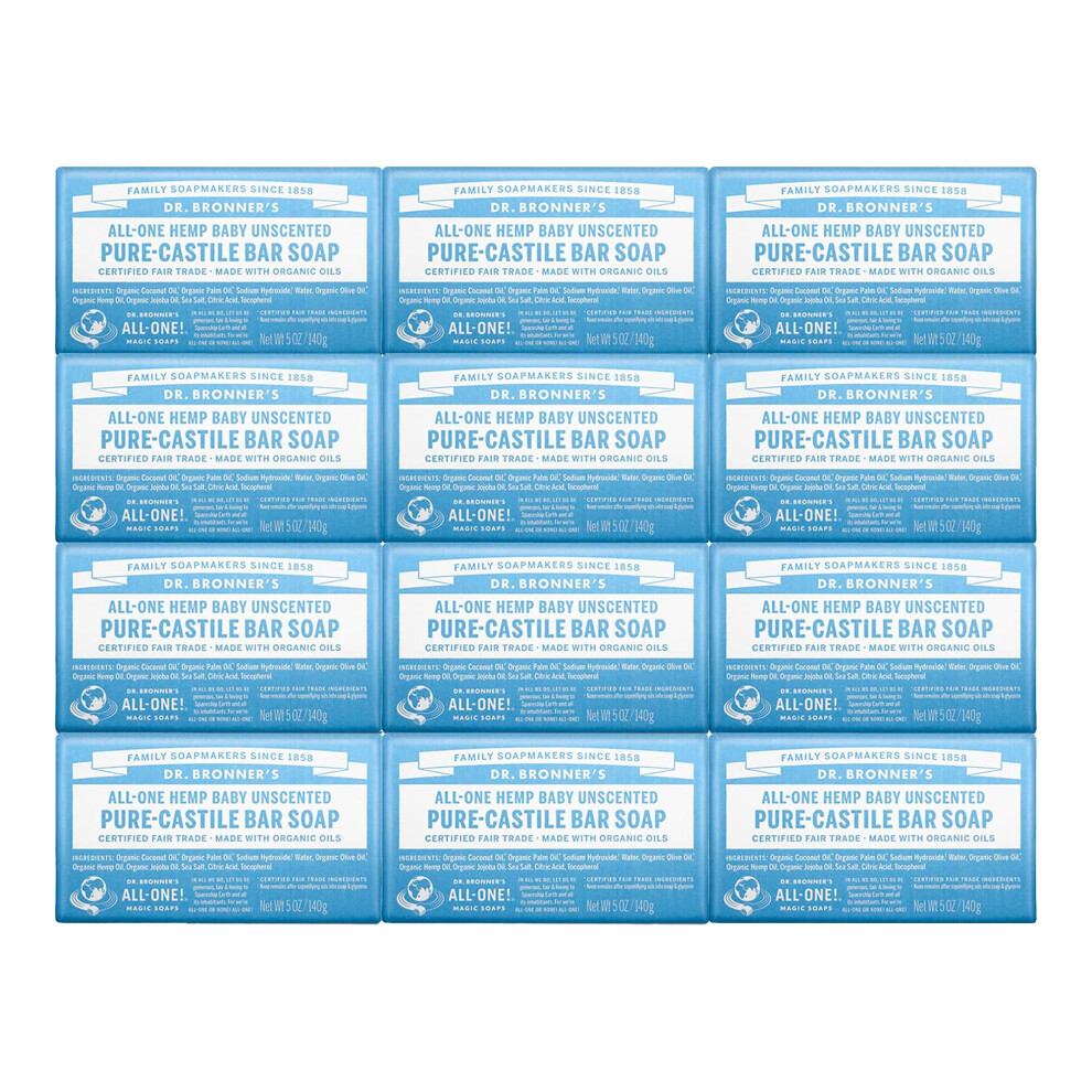 Dr. Bronner's - Pure-Castile Bar Soap (Baby Unscented  5 Ounce  12-Pack) - Made with Organic Oils  For Face  Body & Hair  Gentle for Sensitive Skin &