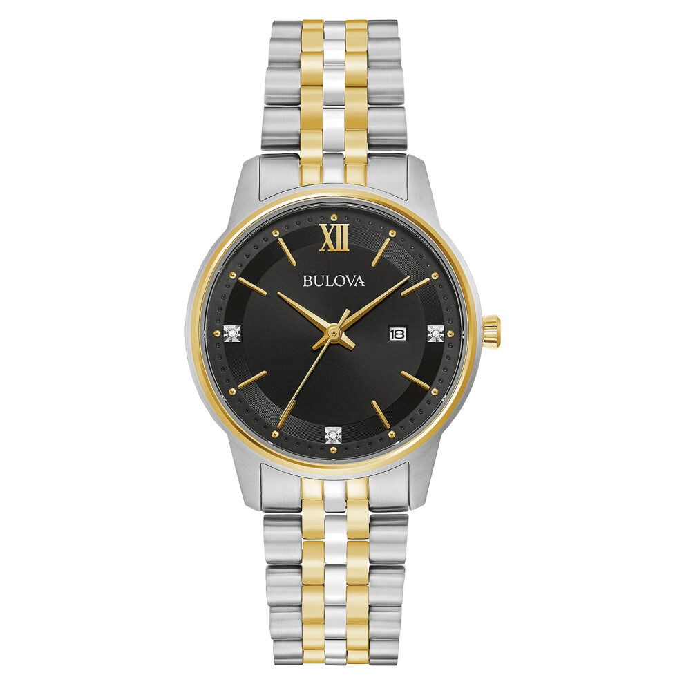 Bulova Ladies' Classic Diamond Two-Tone Gold Stainless Steel 3-Hand Calendar Date Quartz Watch  Black Dial Style: 98P198