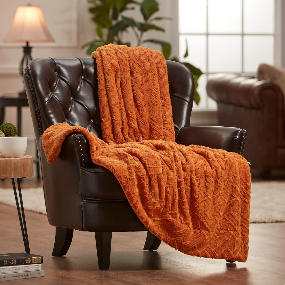 Couverture Chanasya Premium en fausse fourrure douce et moelleuse - Sherpa et Minky - 127 cm x 165 cm - Orange