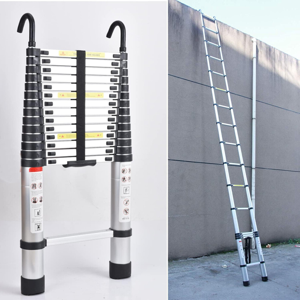 4.4M Telescopic Stainless Steel Ladder -14.5FT Extendable Portable Loft Attic Ladder with Detachable Hooks for Roofing Household Use RV Indoor Outdoor