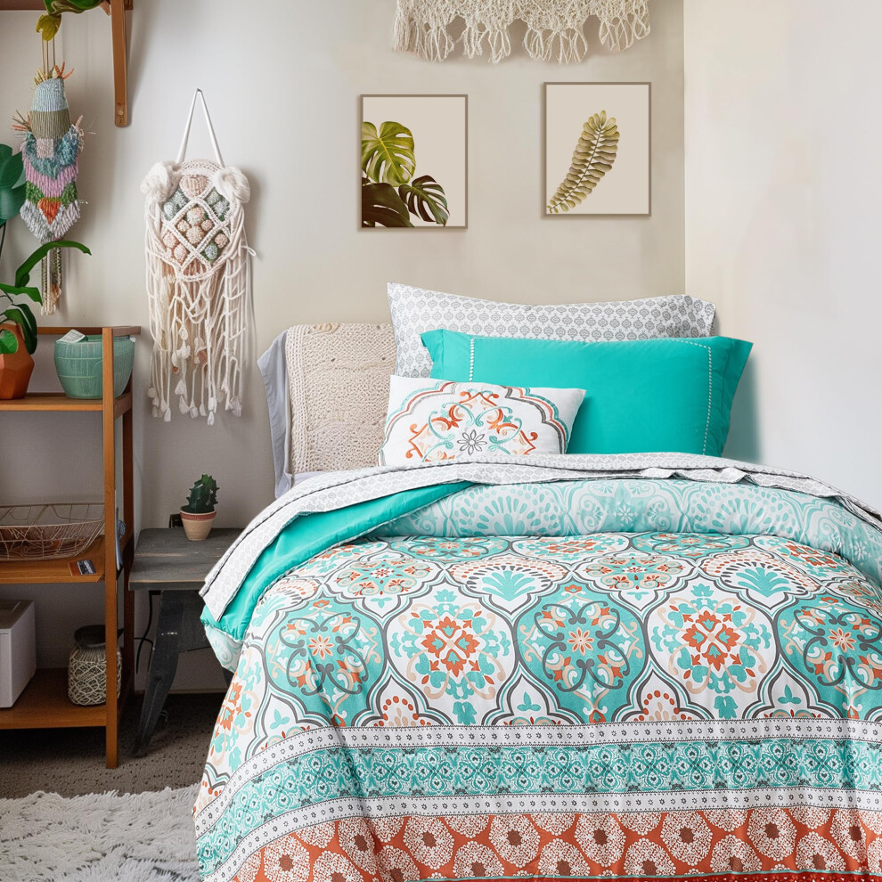 Parure de lit 6 pi   ces en microfibre avec drap et oreiller d   coratif assorti Aqua