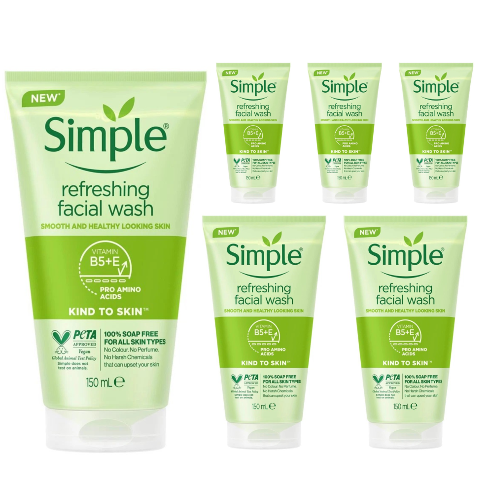 (6 x 150ml Refreshing ) 6 x 150ml Simple Kind to Skin Refreshing & Moisturising Face Facial Wash
