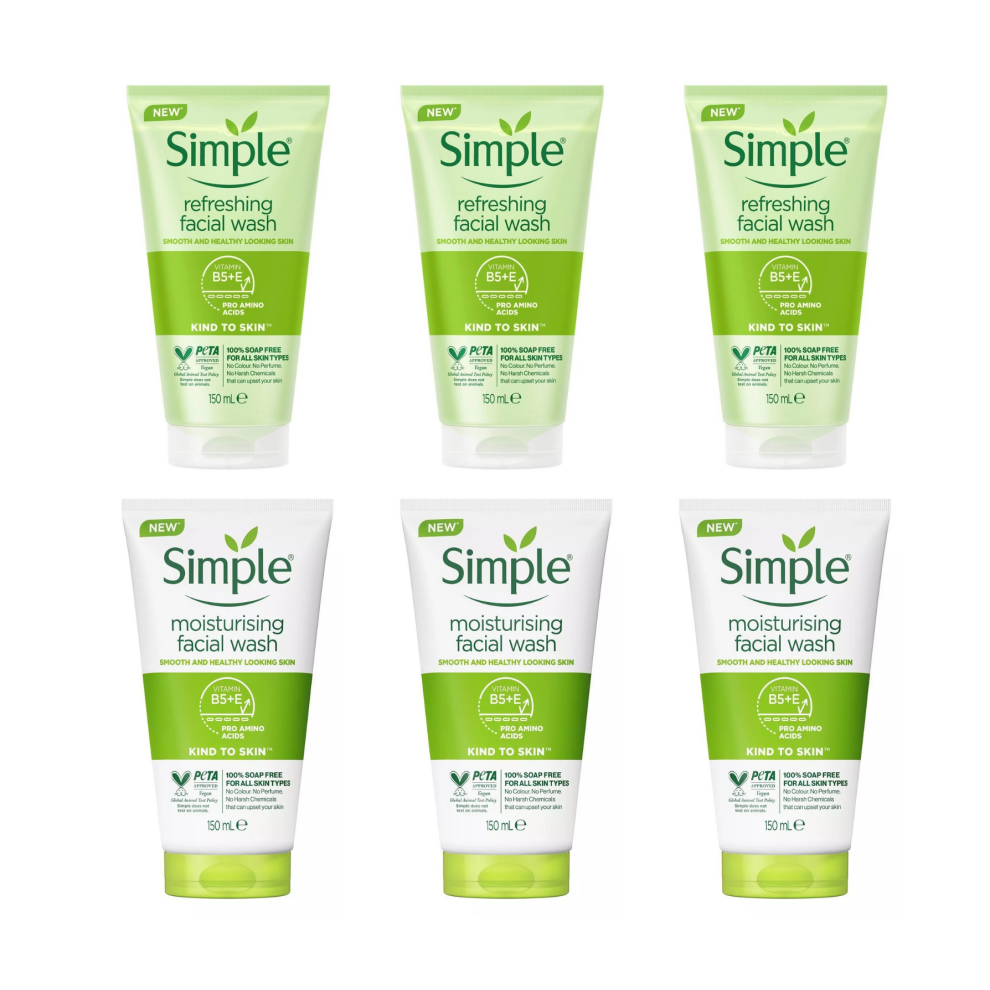 (6 x 150ml MIX As Per Picture) 6 x 150ml Simple Kind to Skin Refreshing & Moisturising Face Facial Wash