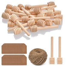 FOCCTS 100 PCS Miere Dipper Sticks de 3 inci din lemn de miere Dipper Miere Agitatoare Miere Lingura cu iuta naturala de jute Kraft Etichete de h