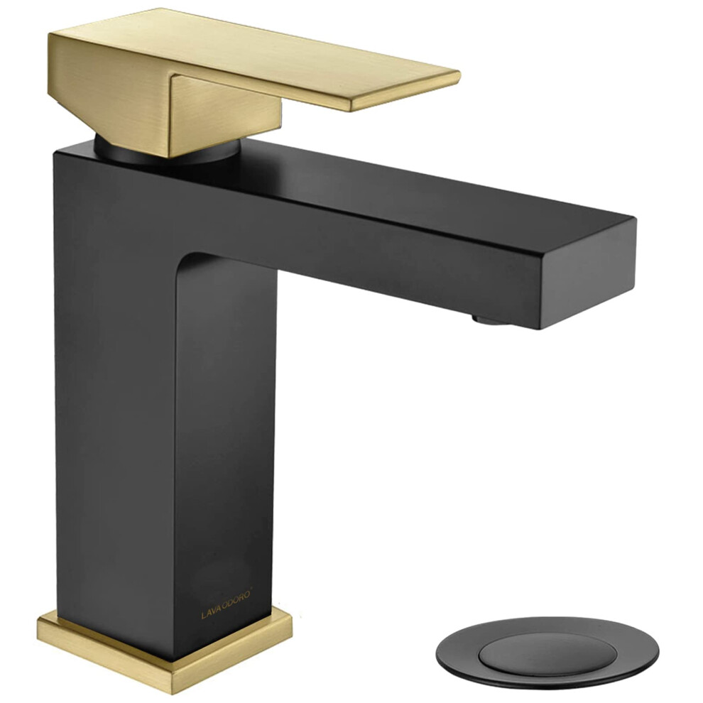 Robinet de salle de bain noir et or Lava Odoro, robinet de lavabo monotrou en laiton, robinet de meuble-lavabo     poign   e unique avec vidage et pl
