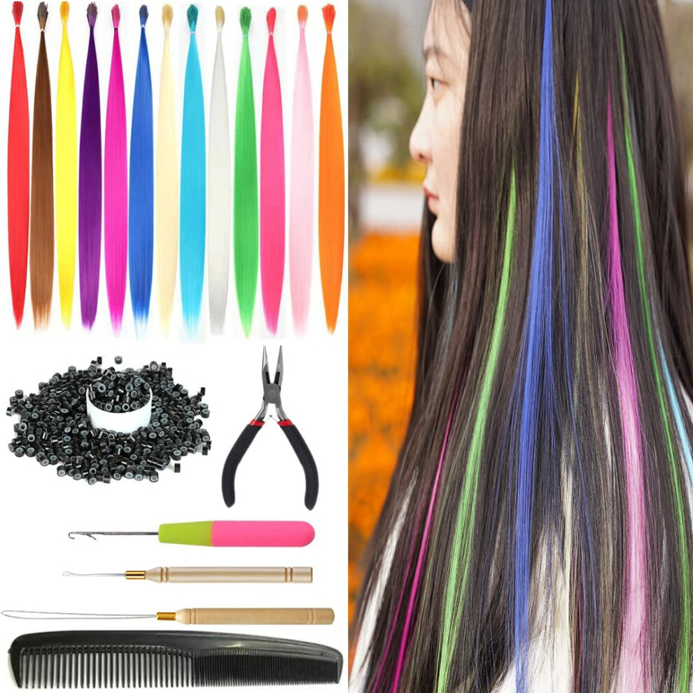 Xiao Tao Zi, 13 Stuck/Los, 50,8 Cm, Synthetische Regenbogen-Haarverlangerungen, Farbige Haarteile + 50 Silikon-Mikroperlen + 3 Hakelnadeln + 1 Za-image