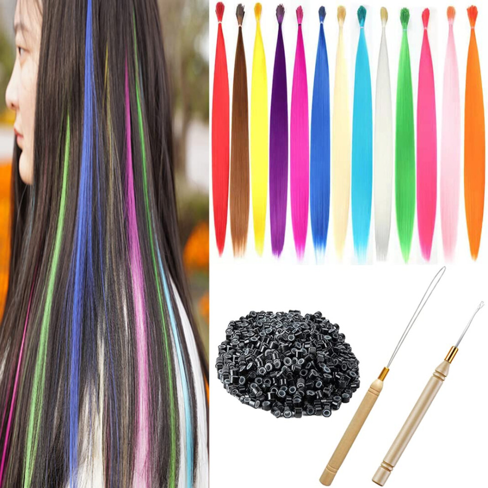 Xiao Wei Xiao Tao Zi 13Pcs/Lot 20'' Synthetic Rainbow Hair Extensions Kit Colored Hair Pieces +50 Pcs Silicone Micro Beads+2 Pcs Crochet Hooks (20 Inches 13 P