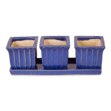 Accent Plus blauwe vierkante keramische kleine plantenbak (set van 3)