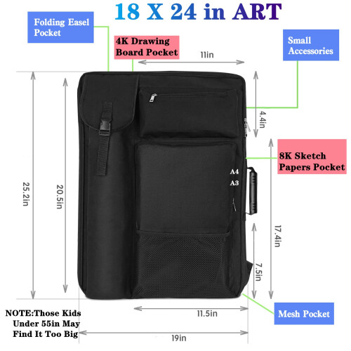 TreochtFUN Θήκη Portfolio Τέχνης 18 X 24 με Σακίδιο & Τσάντα για Έργα Τέχνης (Μαύρη) 1