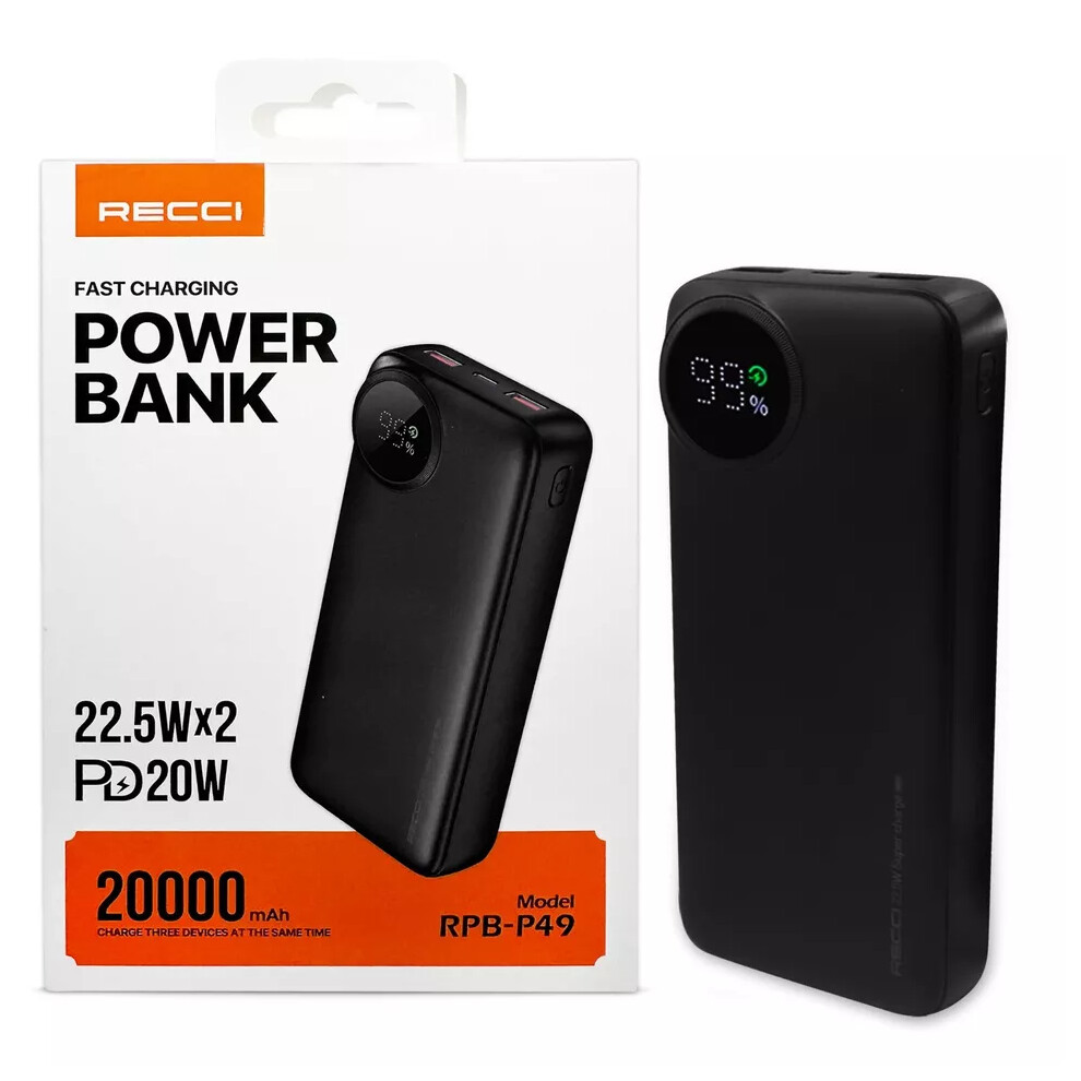 (20,000mAh) Recci Portable Power Bank 45W 50,000mah Capacity, Travel, Camping, Fast-Charging, High Capacity Long-lasting Power Bank for iPhone, iPad, Samsung
