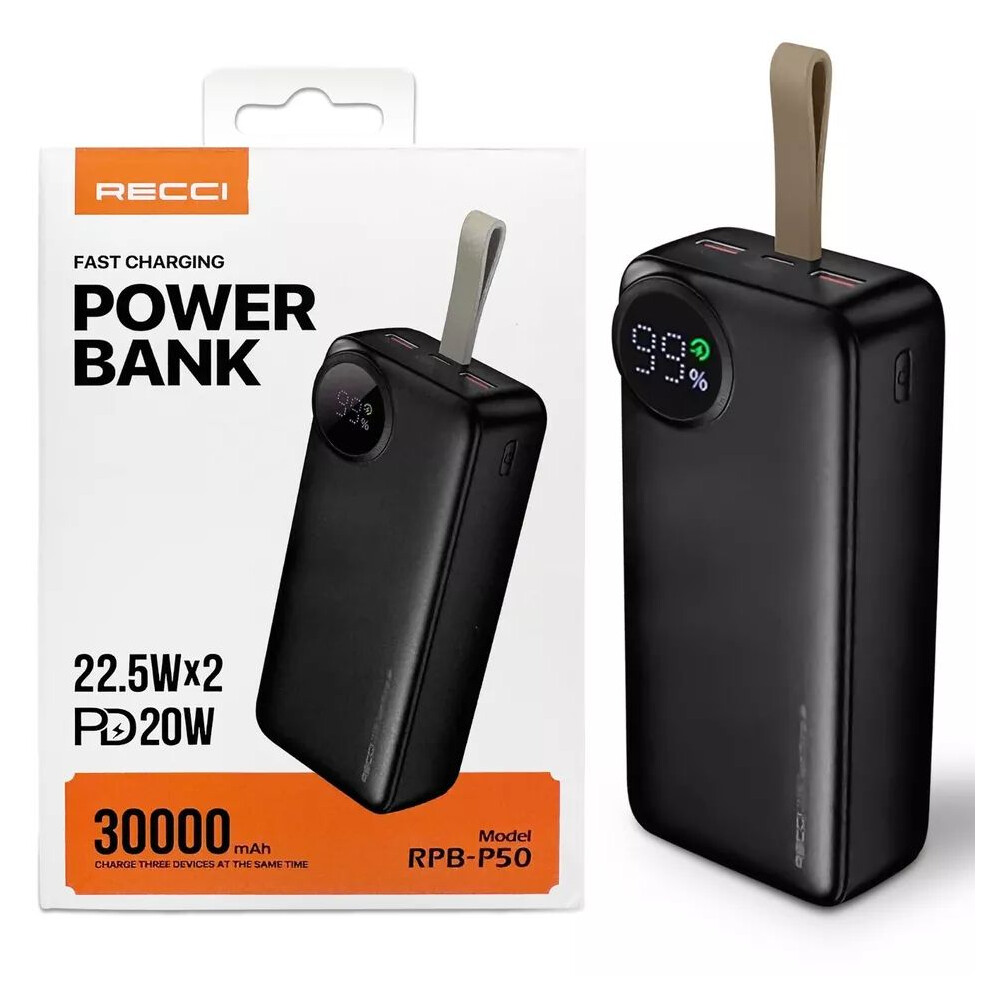 (30,000mAh) Recci Portable Power Bank 45W 50,000mah Capacity, Travel, Camping, Fast-Charging, High Capacity Long-lasting Power Bank for iPhone, iPad, Samsung