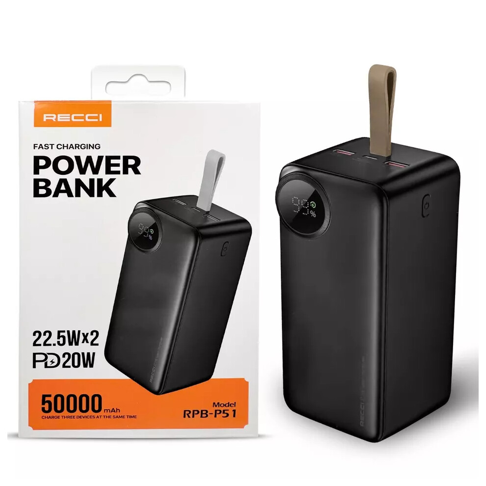 (50,000mAh) Recci Portable Power Bank 45W 50,000mah Capacity, Travel, Camping, Fast-Charging, High Capacity Long-lasting Power Bank for iPhone, iPad, Samsung