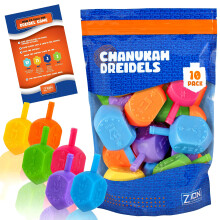 Zion Judaica Hanukkah Dreidels i lyse farver Medium plast med engelsk translitteration - Ziplock Bag (10 Pack)
