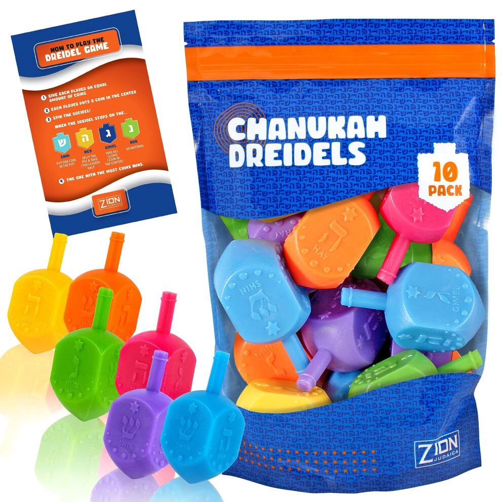 Zion Judaica Chanukka-Dreidel In Leuchtenden Farben, Mittelgro Er Kunststoff Mit Englischer Transliteration Druckverschlussbeutel (10Er-Pack)-image