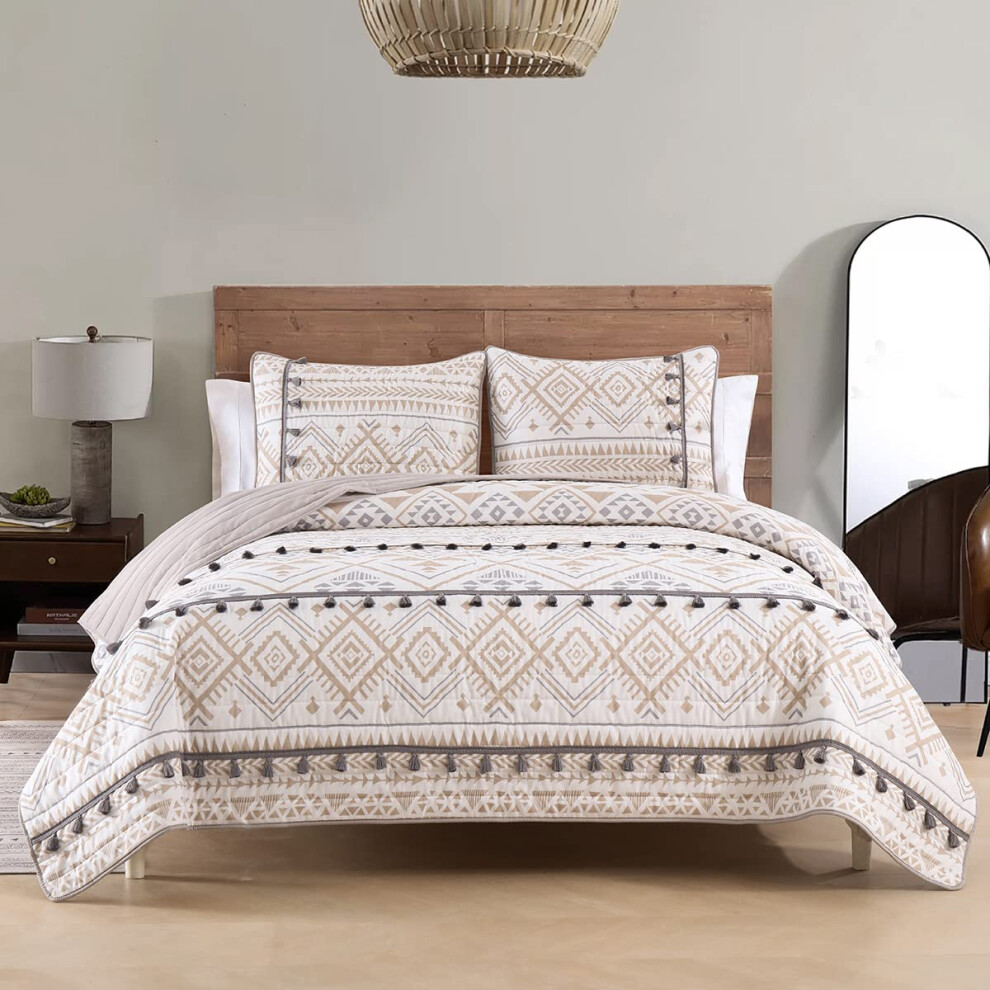 HORIMOTE HOME Parure de lit Queen size beige style boh   me avec pompons, couvre-lit doux et l   ger pour toutes les saisons, couvre-lit double avec