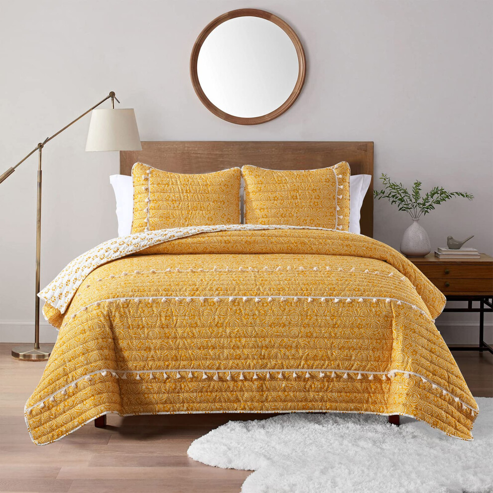 HORIMOTE HOME Parure de lit double jaune style boh   me avec pompon, couvre-lit doux et l   ger pour lit double toutes saisons avec 1 pilule assortie