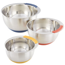 Ayesha Curry -keittiövälineet ruokakomero ruostumattomasta teräksestä sisäkkäiset sekoituskulhot, 3-osainen setti, hopea ja värikorostuskahvat