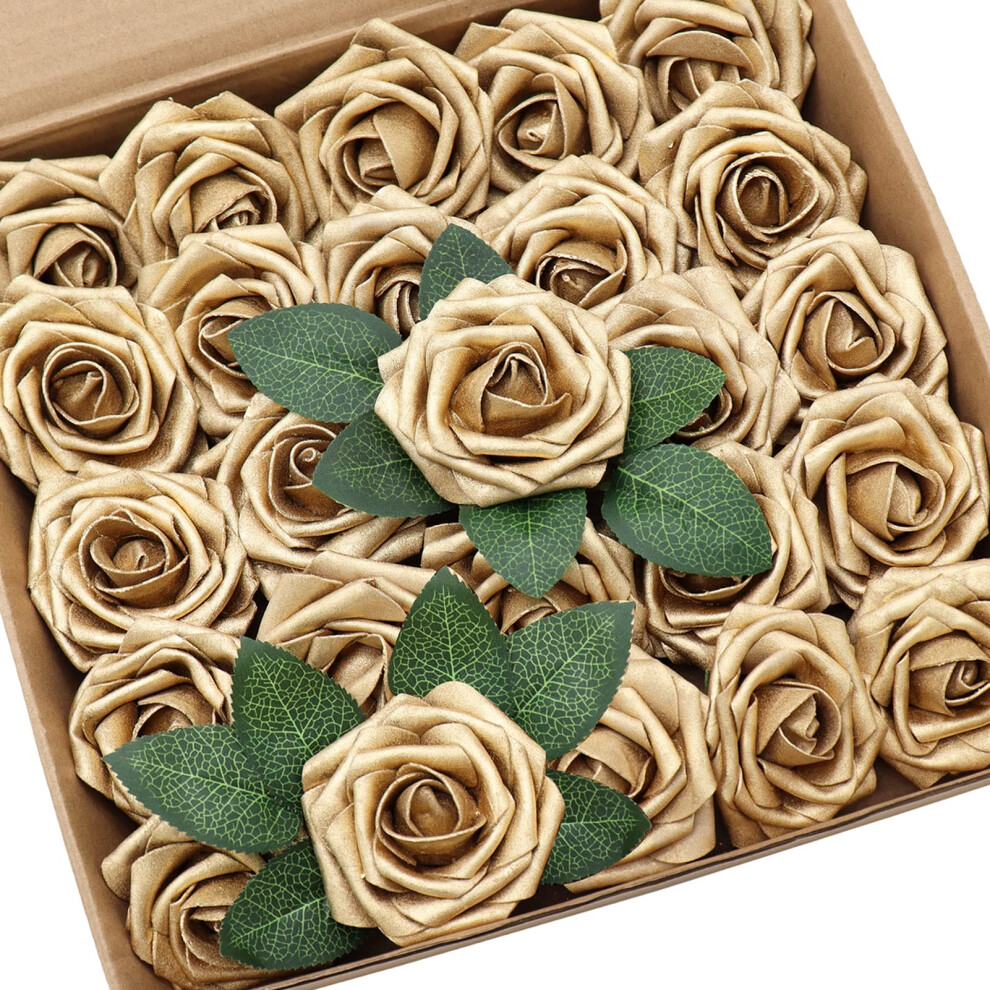 D-Seven Artificial Flower 25pcs Gold Foam Fake Roses with Stem for DIY Wedding Bouquets Floral Arrangements Wedding Flower Bridal Shower Party Home De