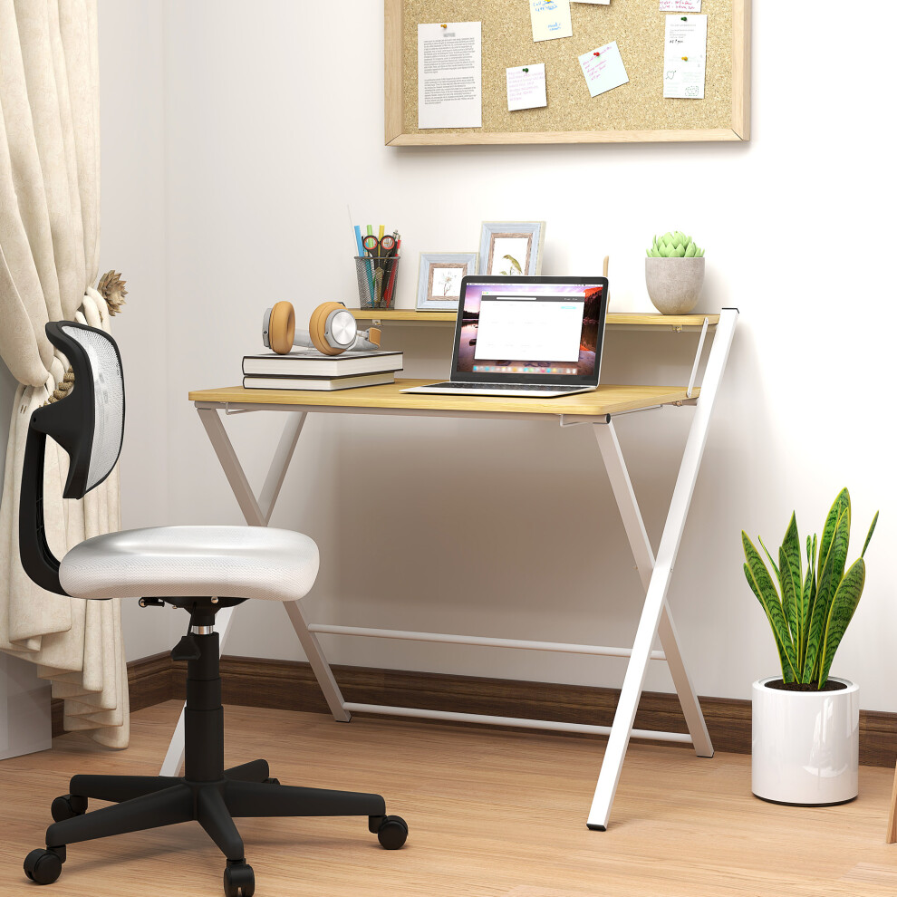 HOMCOM Folding Desk with 2-Tier Shelf for Home Office, Maple Wood-effect