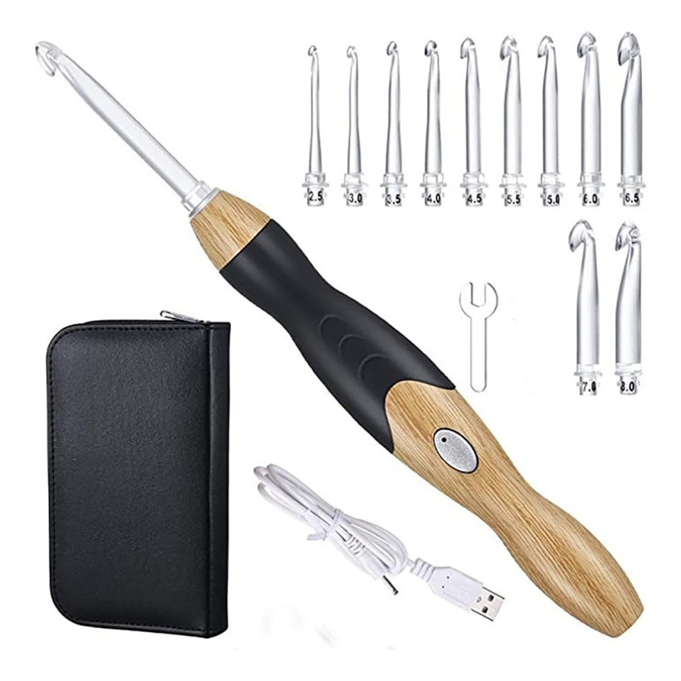 11 in 1 LED Crochet Hook Set, 9 USB Rehargeable Light Up Hooks Hand Weave Sewing Tools, Set