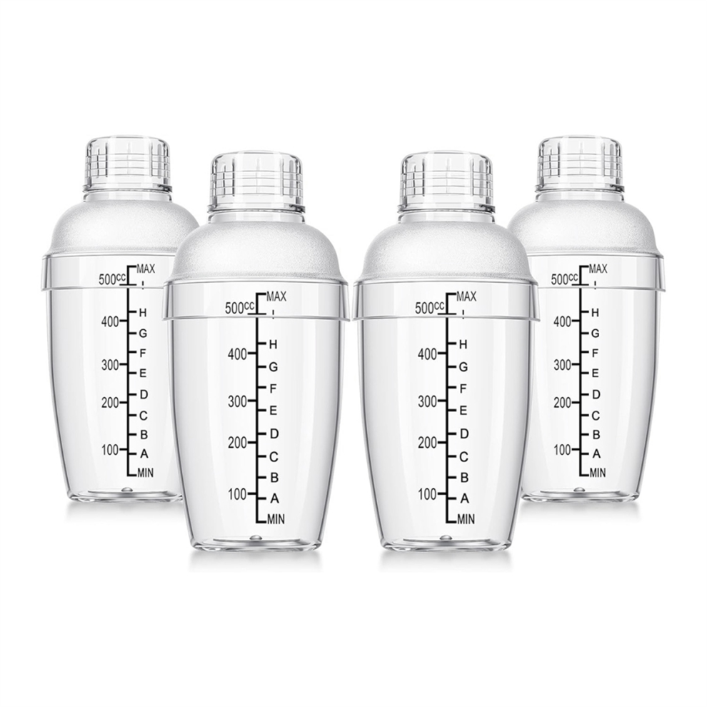 4 Pcs Plastic Cocktail Shaker Hand Drink Mixer with Scales and Strainer Top Clear Cup Measurements