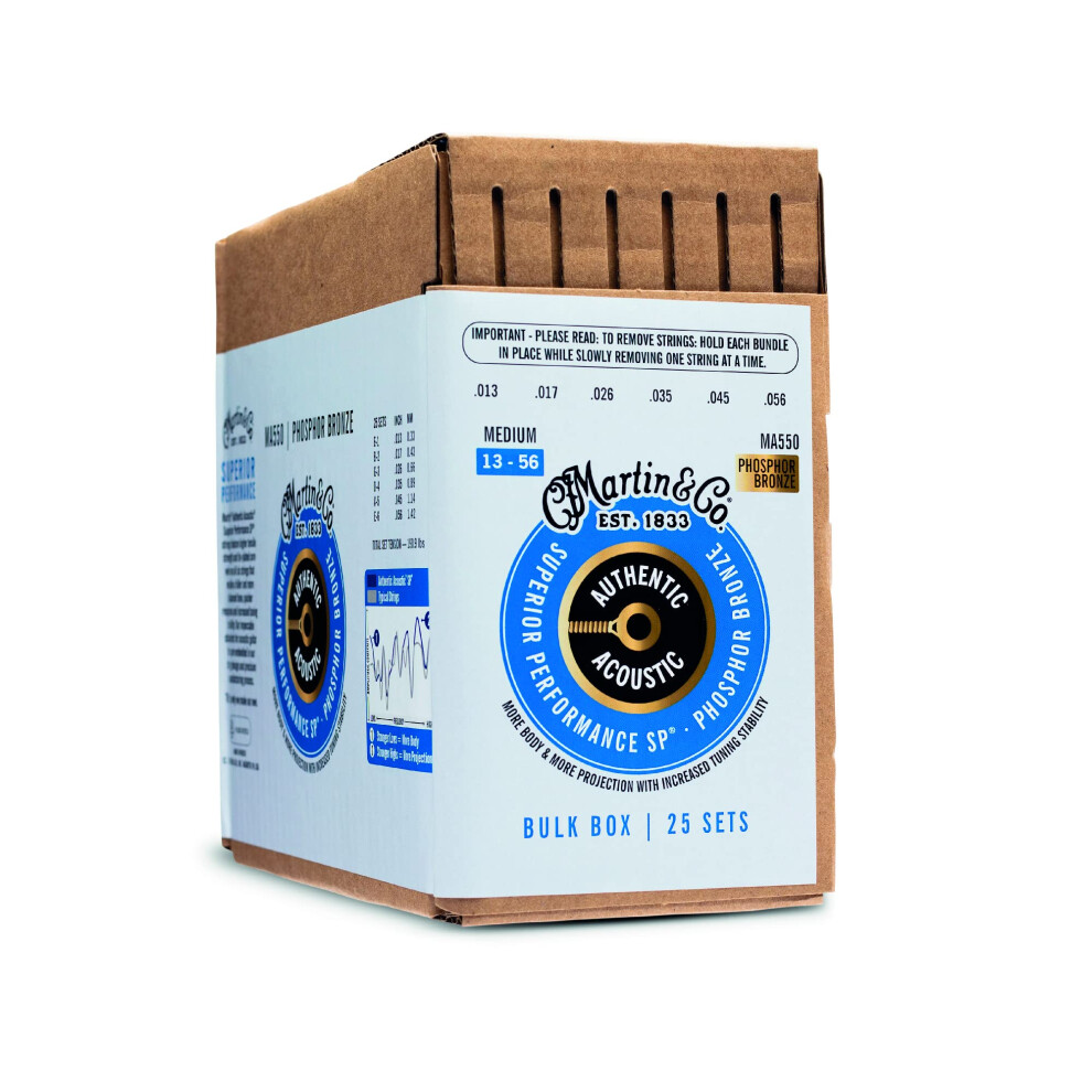 Martin Authentic Acoustic Guitar Strings  Superior Performance Medium 13-56  92/8 Phosphor Bronze  25 Sets