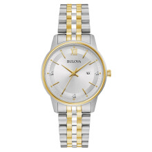 Bulova Reloj clsico de cuarzo con fecha y calendario de 3 manecillas y acero inoxidable dorado en dos tonos con diamantes para mujer, esfera pla