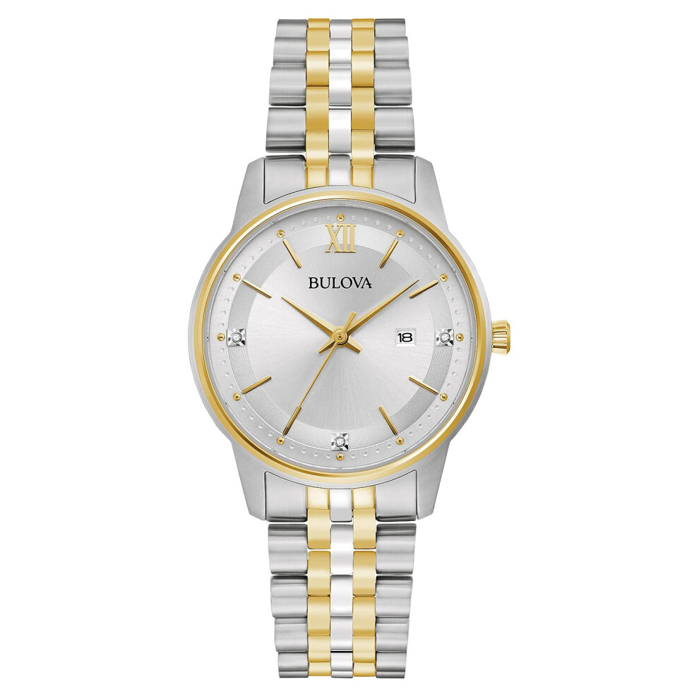 Bulova Ladies' Classic Diamond Two-Tone Gold Stainless Steel 3-Hand Calendar Date Quartz Watch  Silver Dial Style: 98P197