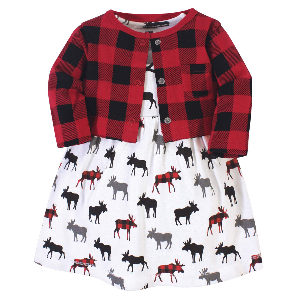 Hudson Baby Girl Dress And Cardigan, Buffalo Plaid Moose, 4 Toddler-image