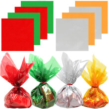 Anapoliz cellofanplader 120 stk. Pakke | (12 x 12 tommer) 4 Mix Colors 2.3 mil | Gennemsigtig feriejulcelloark - Gr?nt r?dt s?lvguld | Blanke jul