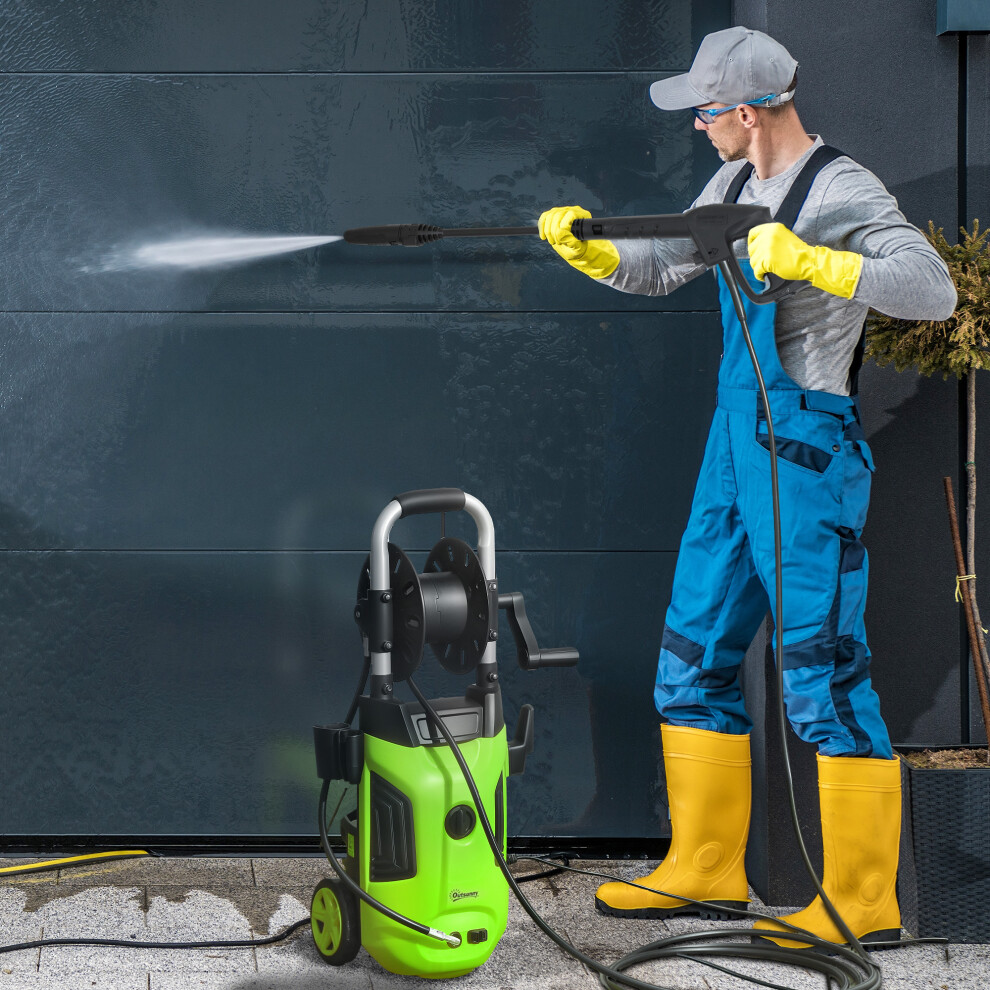 Outsunny 1800W Power Washer 150 Bar Pressure 6M Hose and Hose Reel, Green