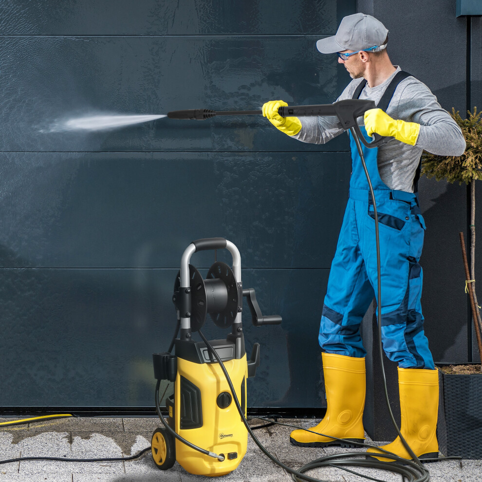 Outsunny 1800W Power Washer 150 Bar Pressure 6M Hose and Hose Reel, Yellow