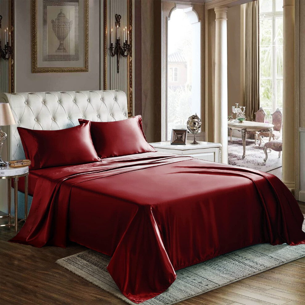 Draps en satin CozyLux pour lit double - Parure de lit 3 pi   ces bordeaux avec microfibre soyeuse. 1 drap-housse     poche profonde, 1 drap plat et