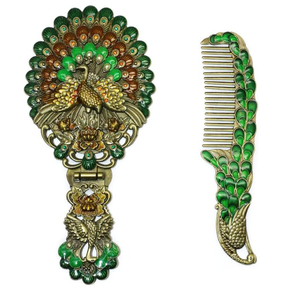 Rayberro Vintage Handheld Mirror With Comb Set Metal Embossed Peacock Vintage Hand Mirror Face Beauty Makeup Mirror Foldable Personal Cosmetic Mirr