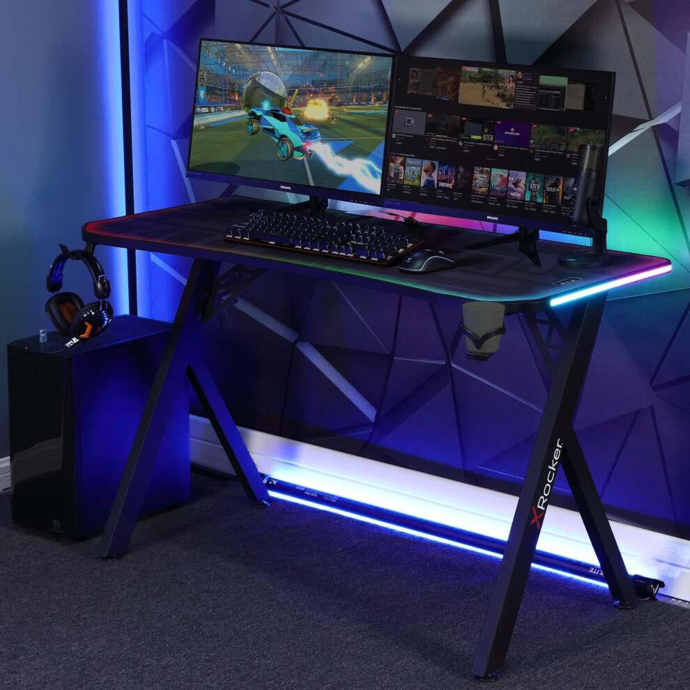 X-Rocker Lumio XL RGB Gaming Desk 140x60cm â App-Controlled Neo Motion Sync RGB, Large Carbon Fibre PC Desk with Cup Holder & Headphone Hook-image-OPC-PGBSJBT-NEW