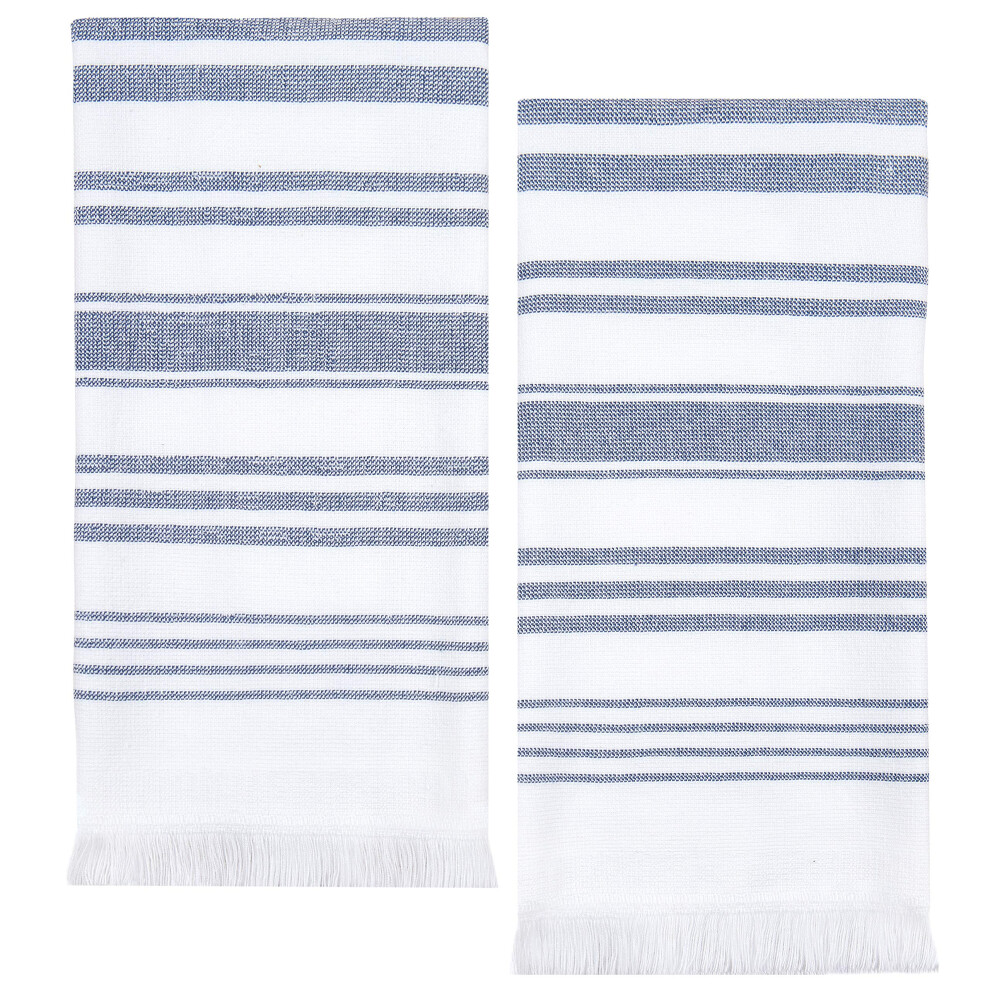 Lot de 2 serviettes de bain 100 % coton 71 x 40 cm, blanc turc, douces et absorbantes, d   coratives,     rayures bleu marine modernes