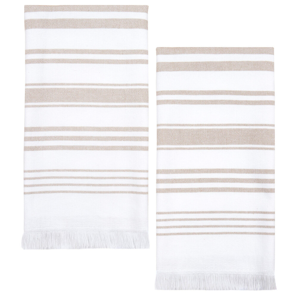 Hand Towels for Bathroom Set of 2  100% Cotton  28x16 in  Turkish White Soft and Absorbent Decorative Bath Hand Towels  Modern Tan Striped Towels