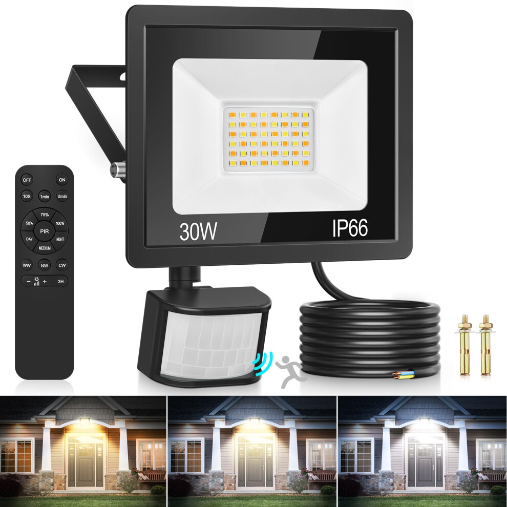 Security Lights Outdoor Motion Sensor, 30W 3 Colours PIR Security Light with Remote Control, 2700LM IP66 Waterproof Outside Lights Dimmable Floodlight