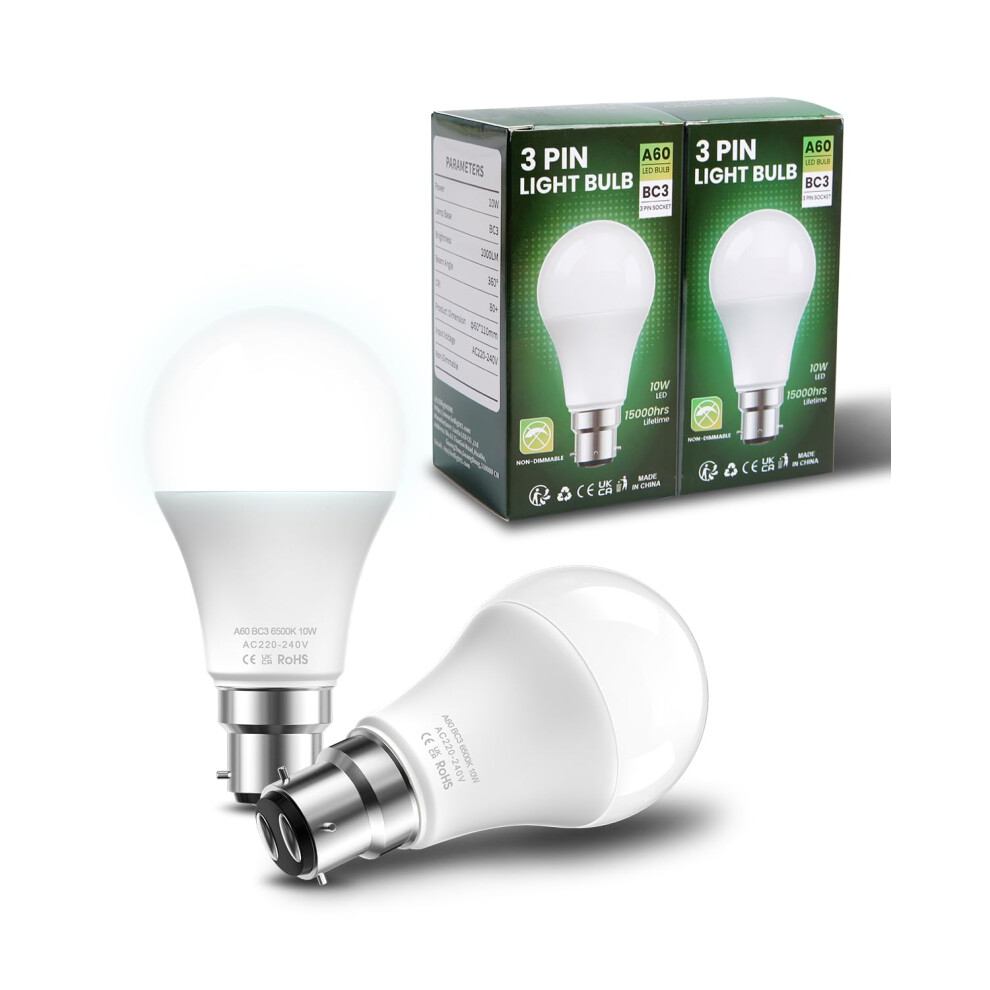 BrightArk BC3 3 Pin LED 10W Energy Saving Light Bulbs Cool White 6500K Non-Dimmable A60 Pin for Ceiling, Landing, Hallway (2 Pcs)-image-OPC-PGBSJNW-NEW
