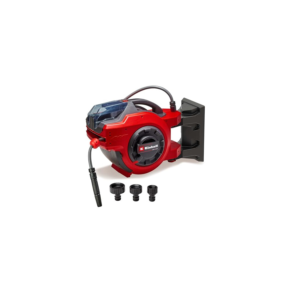 Einhell Wall Mounted Retractable Hose Reel with 30m Hose - Battery Powered Automatic Hose Retraction, Swivels 180?, 30m Garden Hose & Accessories -