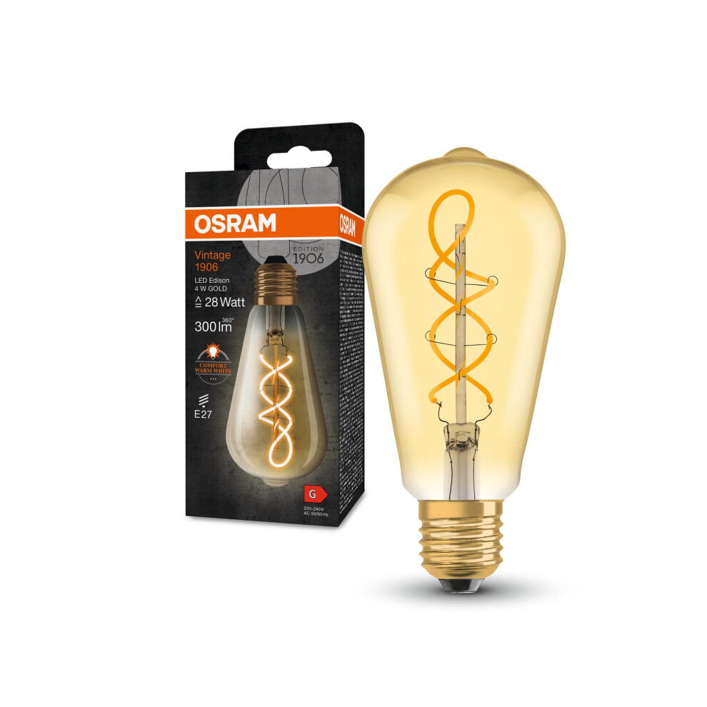 OSRAM Vintage 1906 Classic Edison Fil Led Lamp, E27, Spherical, Gold, 4W, 300Lm, 2000K, Warm White Comfort Light Color, Very Low Energy Consumption,-image-OPC-PGBSKBZ-NEW