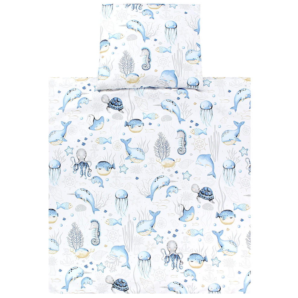 Baby Crib Pram Bedding Set Duvet Pillow - 4 Pieces, Sea Creatures 80X80 Cm Blue Tuptam