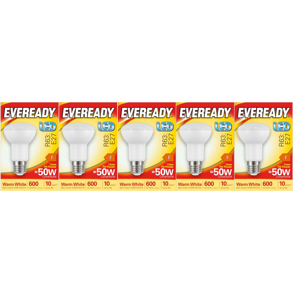 Eveready R63 LED Reflector E27 Spotlight Bulb 600 Lumens Warm White 3000k 7 watt Replaces 50 watt. Pack of 5 Bulbs