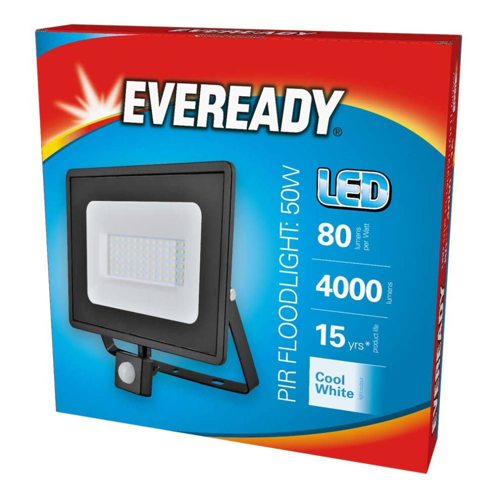 Eveready S13951-50W, Body, Ip65, 4000K Cool 4000Lm Lumens, Pir Motion Sensor, Led Floodlight Black/White